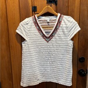 Coldwater Creek Striped V-Neck Embroidered Women’s Top - White With Trim